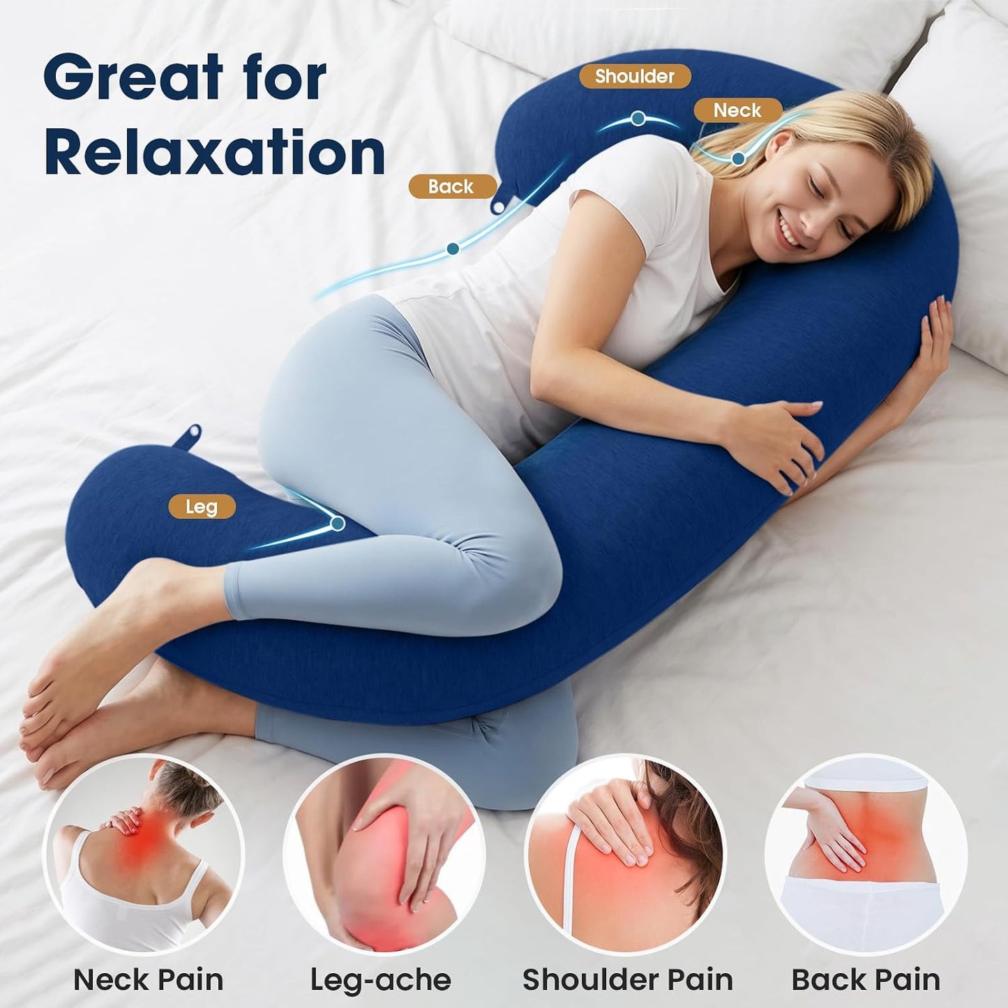 TranquilRelax C Shaped Body Pillow for Side Sleepers, Memory Foam Long Pillow for Leg, Hip & Back Support, Soft Washable Cover,Grey-47"*10"