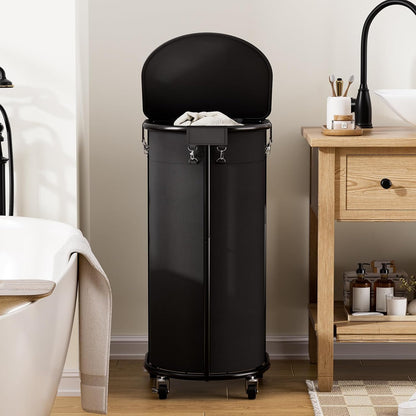 Laundry Hamper with Wheels and Lid, 100L Half Round Rolling Laundry Basket | Gasvadivum Sturdy Metal Frame Laundry Cart with Removable Bag, Dirty Clothes sorter Organizer for Bathroom, Bedroom, Black
