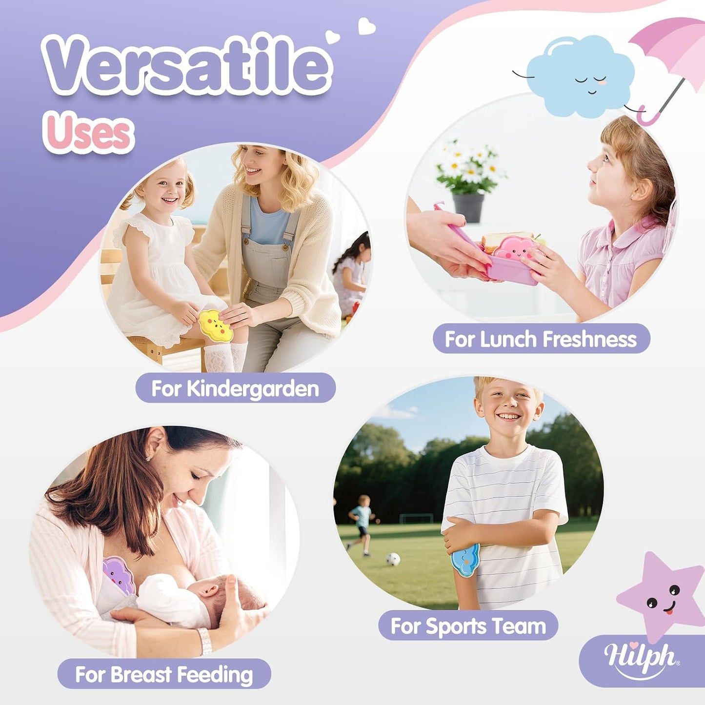 Hilph Kids Ice Packs for Boo Boos, 4 Gel Ice Packs for Injuries Reusable | Cute Soft Gel Cooling Pad, Small Cold Pack for Toddler Baby Childs, Hot Cold Compress for Pain Relief Bumps Bruises Toothache