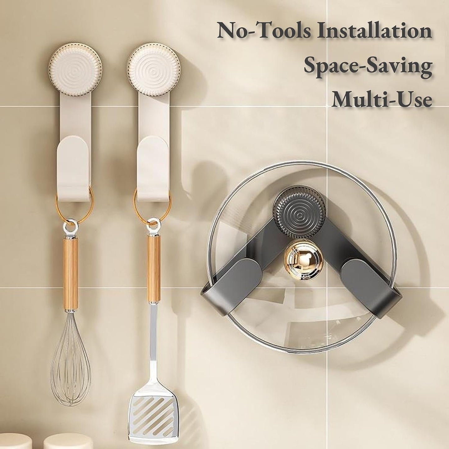 Pot Lid Rack Organizer holder for Cabinet Door/Wall With Suction Cup, No Drilling, Adjustable Rotating Arm Design Fits 6-14" Lids(Cream)