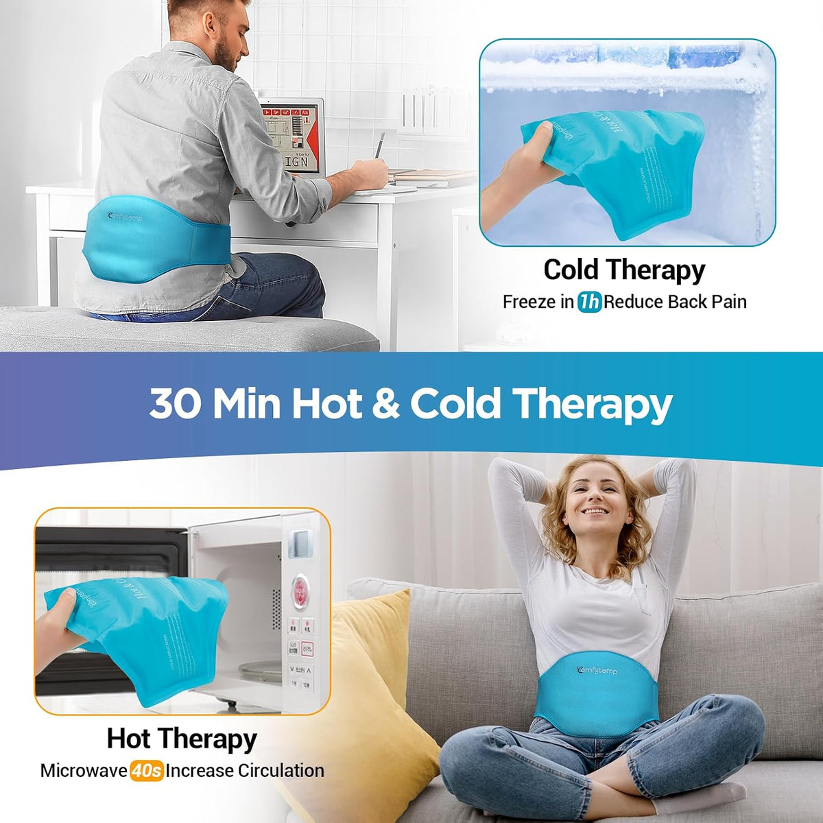 Comfytemp Ice Pack for Back Pain Relief, 2Pcs, Sciatica Ease Brace Reusable