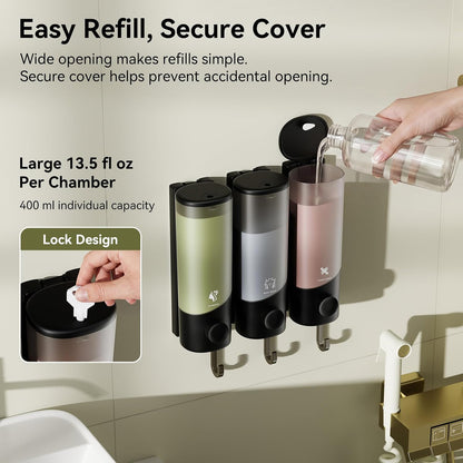 Shampoo and Conditioner Dispenser Wall Mounted with Hooks, 3-Chamber 1200ML Shower Soap Dispenser, No-Drill Bathroom Shower Organizer for Shampoo, Conditioner, Body Wash（Gun Grey）