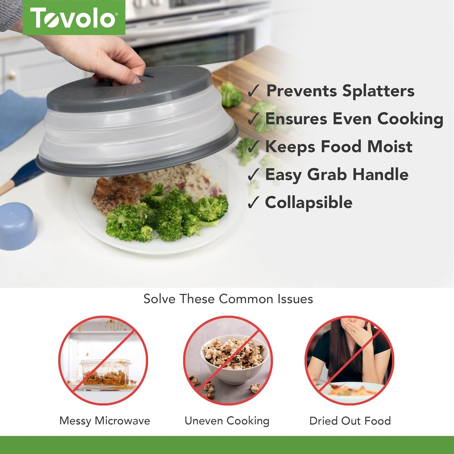 Tovolo Microwave Splatter Cover for Food, Large (Charcoal) - Collapsible & Vented Silicone Splatter Guard Lid - Microwave Plate & Dish Cover with Handle - BPA-Free Kitchen Gadget for Meal Prep
