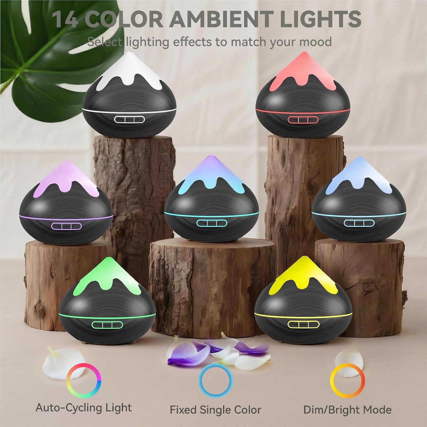 500ML Essential Oil Diffuser, Aromatherapy Diffuser with Remote Control, Multifunctional Air Diffusers for Home Office Room, Fragrance Aroma Diffuser with 7 Color LED & 2 Mist Mode, Brown