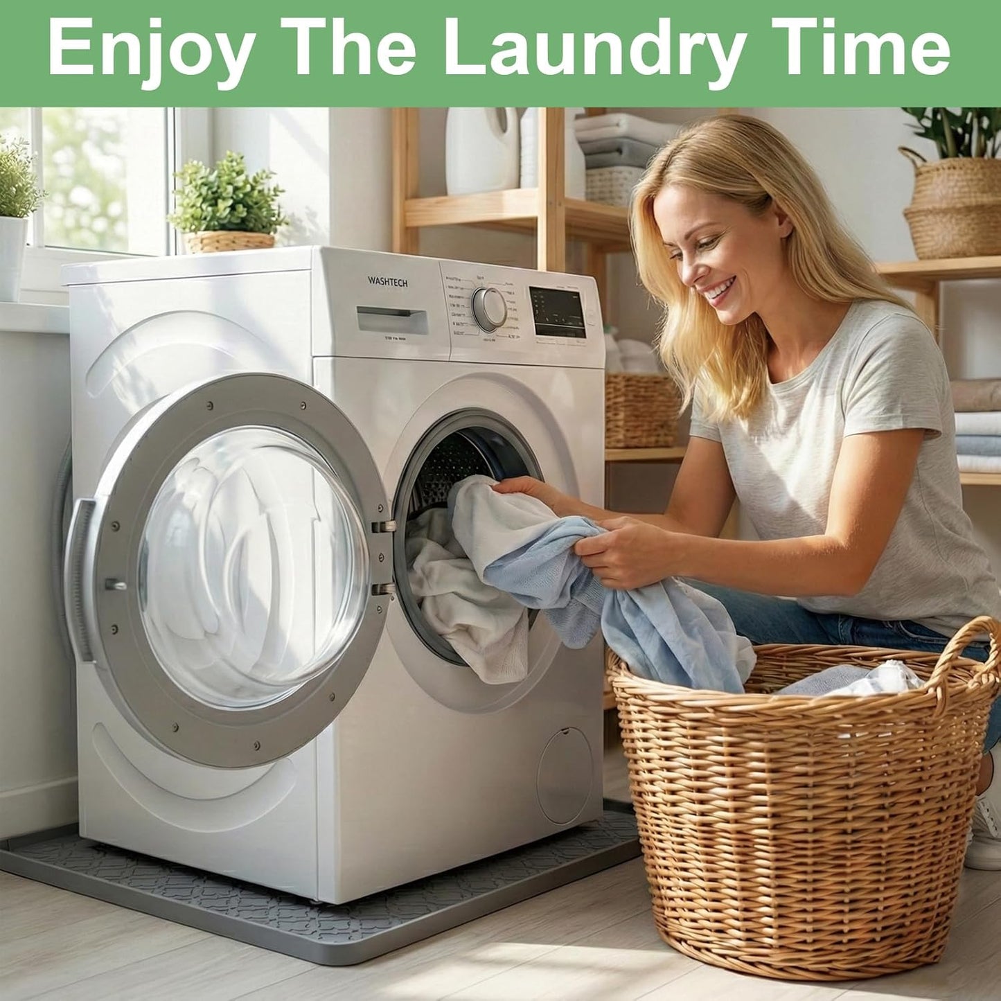33 x 31 Inch Washing Machine Drain Pan, Silicone Washer Pan, Grey | 2cm Raised Waterproof Edge, Washer and Dryer Mat for Floor Protection, Fits Standard & Large Washers Up to 5.0 Cu.Ft.