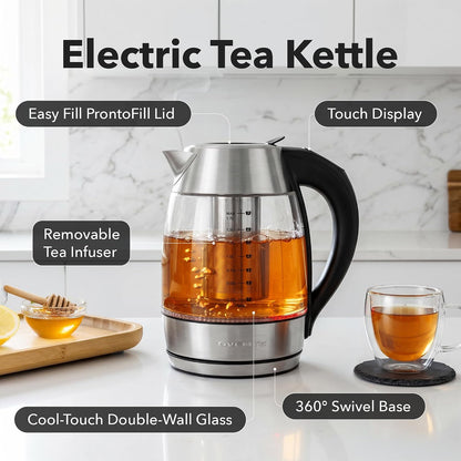 OVENTE 1.8L Glass Electric Kettle with Tea Infuser, Silver KGD752S | 1500W Fast Boiling, Easy Fill Lid, 7 Temperature Control, Keep Warm, Digital Display, Auto Shut-Off, Boil-Dry Protection