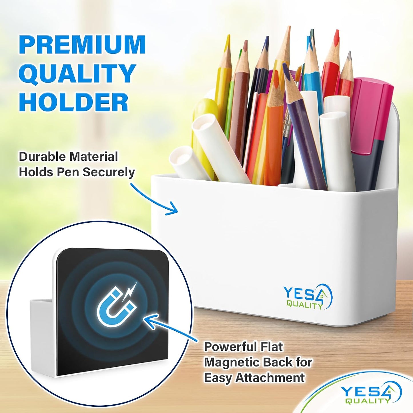 YES4QUALITY Magnetic Pen Holder with Strong Magnetic Back & 2 Compartments, Dry Erase Marker Holder for Whiteboard, Fridge & Locker, White Pencil Holder