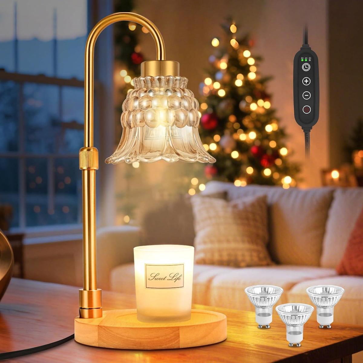 Candle Warmer Lamp with Timer & 3 Bulbs, Dimmable Electric CandleLight Adjustable Height and Brightness Candle Wax Warmer for Jar Candles Bedroom Home Decor House Warming Gift for Women (Round Gold)