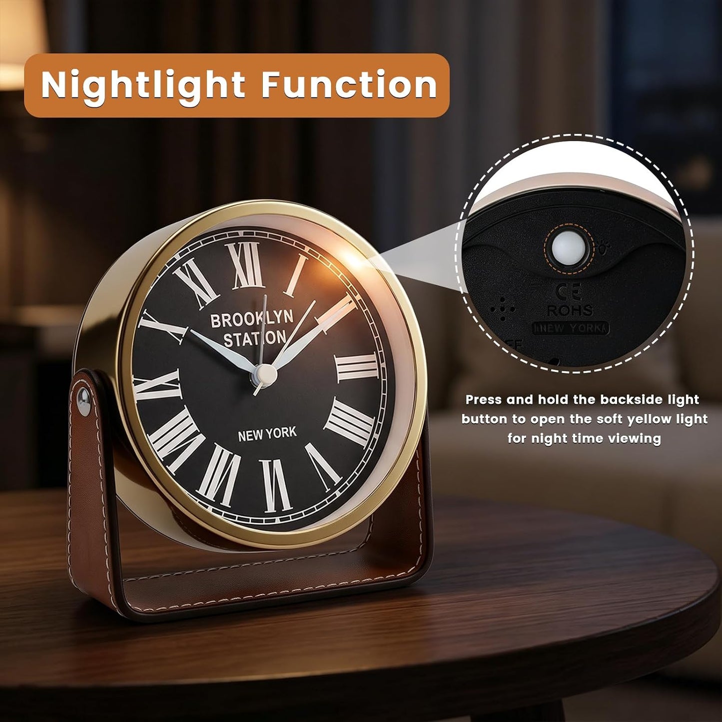 Analog Alarm Clock - 4.5" Silent Non Ticking Small Clock with Light, Rotatable Stand Metal Desk Clock Battery Operated, Simple Design for Living Room Decor/ Bedroom/Bedside/Shelf (Black & White)