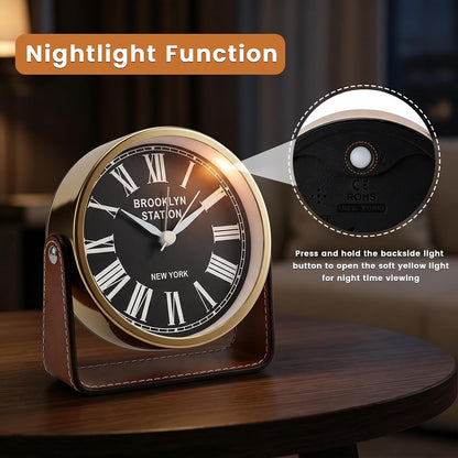 Analog Alarm Clock - 4.5" Silent Non Ticking Small Clock with Light, Rotatable Stand Metal Desk Clock Battery Operated, Simple Design for Living Room Decor/ Bedroom/Bedside/Shelf (Black & White)