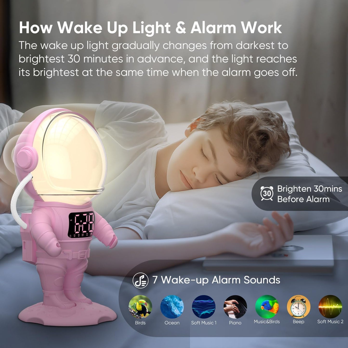 AFEXOA Astronaut Sunrise Alarm Clock with Wake Up Light for Kids | 30 Soothing Sounds White Noise Sound Machine, 22 Dimmable Nightlights, Bluetooth Speaker, Dual Alarm Clock for Bedroom/Adults