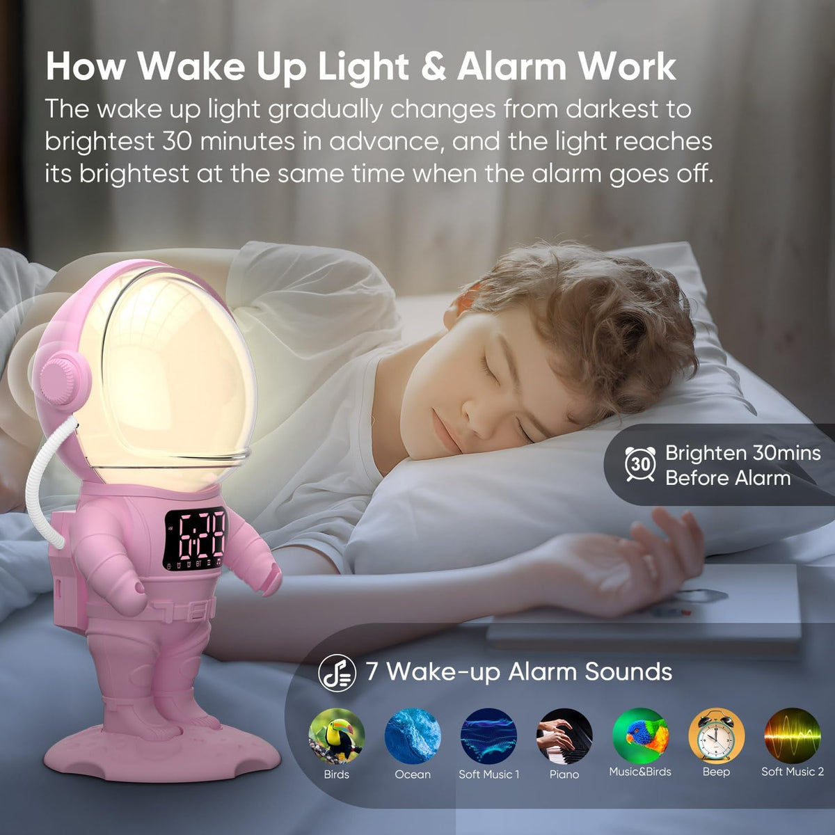 AFEXOA Astronaut Sunrise Alarm Clock with Wake Up Light for Kids