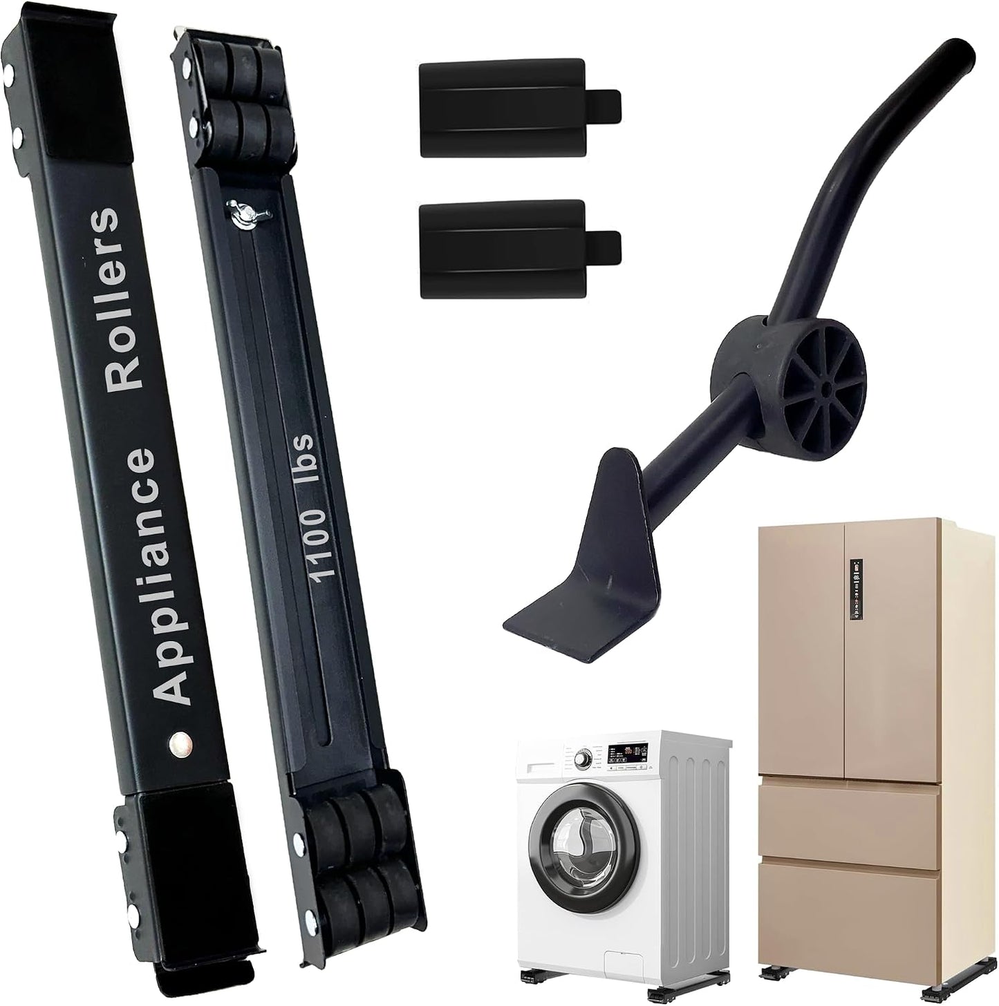 Heavy Duty Appliance Rollers and Furniture Movers with Complimentary Lifter Tool - Adjustable Expandable Base, Solid Wheels for Washers, Dryers, Refrigerators & Heavy Furniture - 1100 lb Capacity
