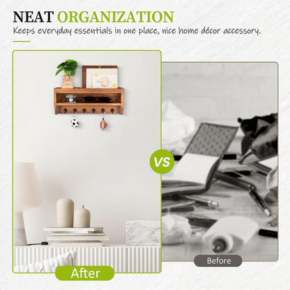 Nekon Key Holder Wall Mount, Pine Wooden Mail Organizer, White | 12.8"W x 5.6"H x 3.7"D Wall Mounted Key and Mail Organizer with 6 Key Hooks, Key Rack for Home Entryway Decor