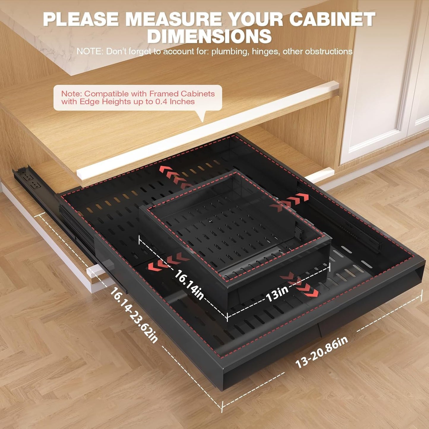 Seinloes Pull Out Cabinet Organizer, 4-Side Expandable to Fit Most Cabinets, 3 Rail Slide Out Drawers with Raising Pad for Framed & Frameless Cabinets, 13"-21" W x 17"-24" D, White, 2 Pack