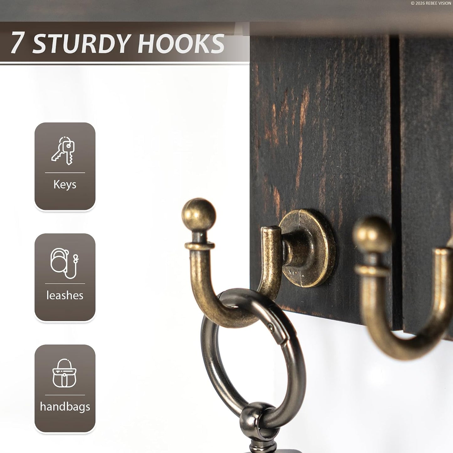 Rebee Vision Key Holder Wall Mount with 5 Key Hooks for Home Decor, Brown | 3.54'' x 10'' x 7.28'', Small Shelf for Display Plant, Key Hangers for Hat, Entryway Space-Saving Storage