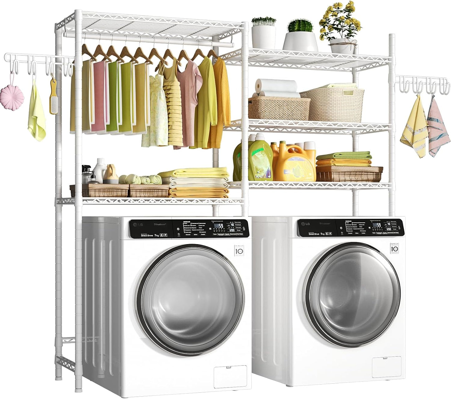 U5 Over the Washer and Dryer Storage Shelf, Laundry Room Space Saver | Bathroom Storage and Organizer Rack for Hanging Towel and Drying Clothes with 5 Wire Shelves, Black