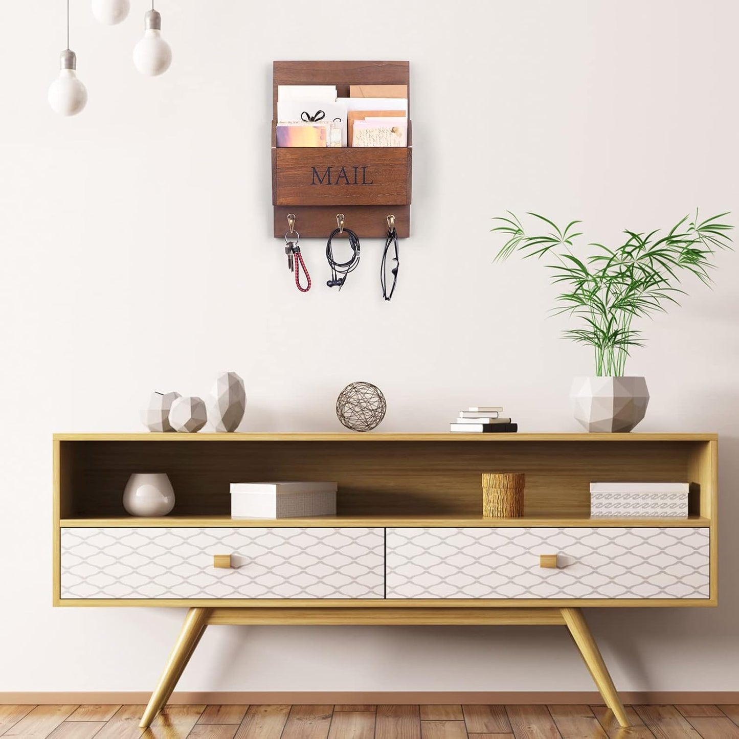 DLQuarts Solid Wood Mail Organizer with Key Holder for Wall, Mail Sorter Wall Mounted, Decorative Wooden Key and Mail Holder with 3 Hooks, White
