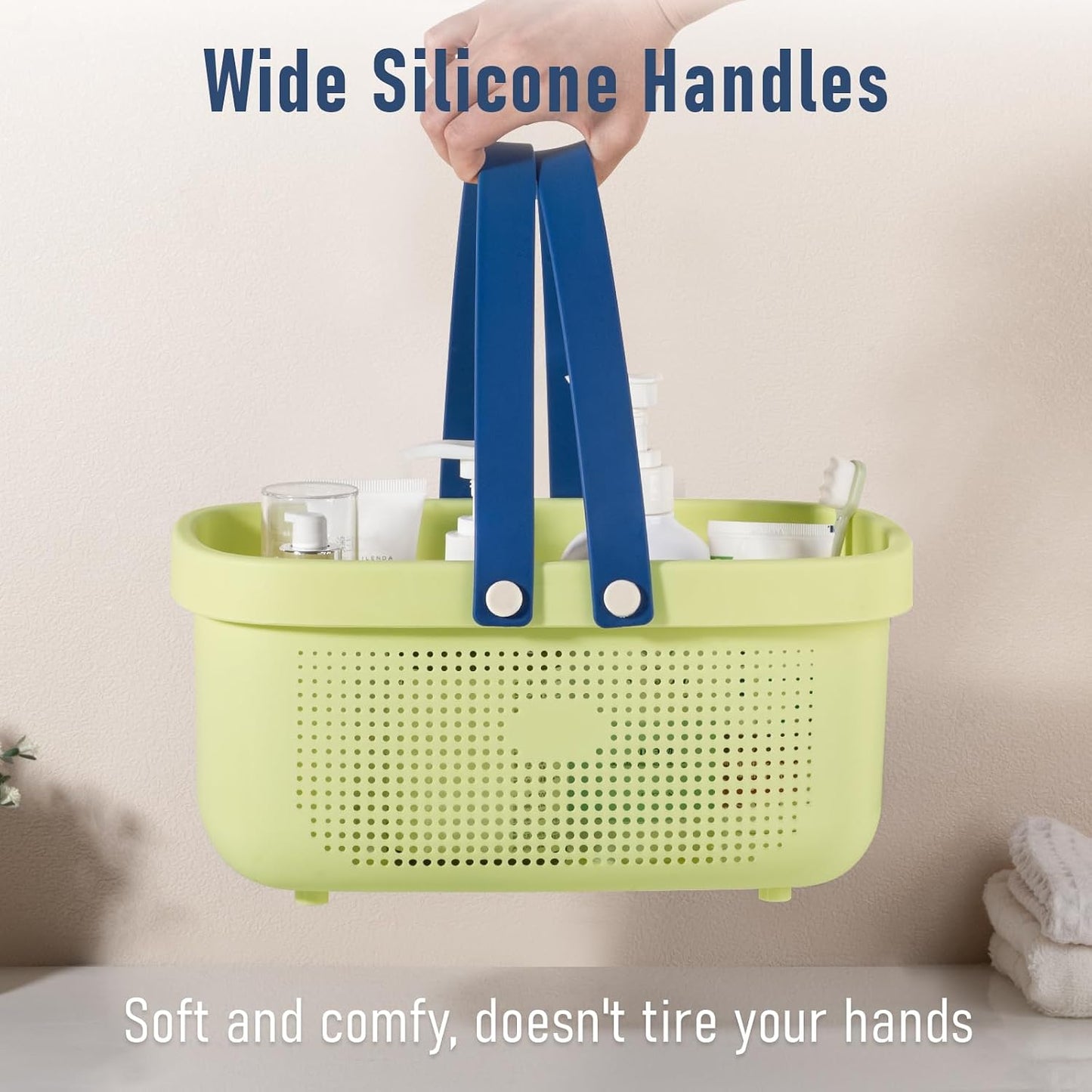 JiatuA Plastic Storage Basket with Handle Portable Shower Caddy Tote Organizer Basket Bin for Bathroom Kitchen Dorm Room Bedroom, Green | Sturdy Drainage Large Capacity Organizer Basket with Silicone Handles for Bathroom Kitchen Bedroom College Dorm