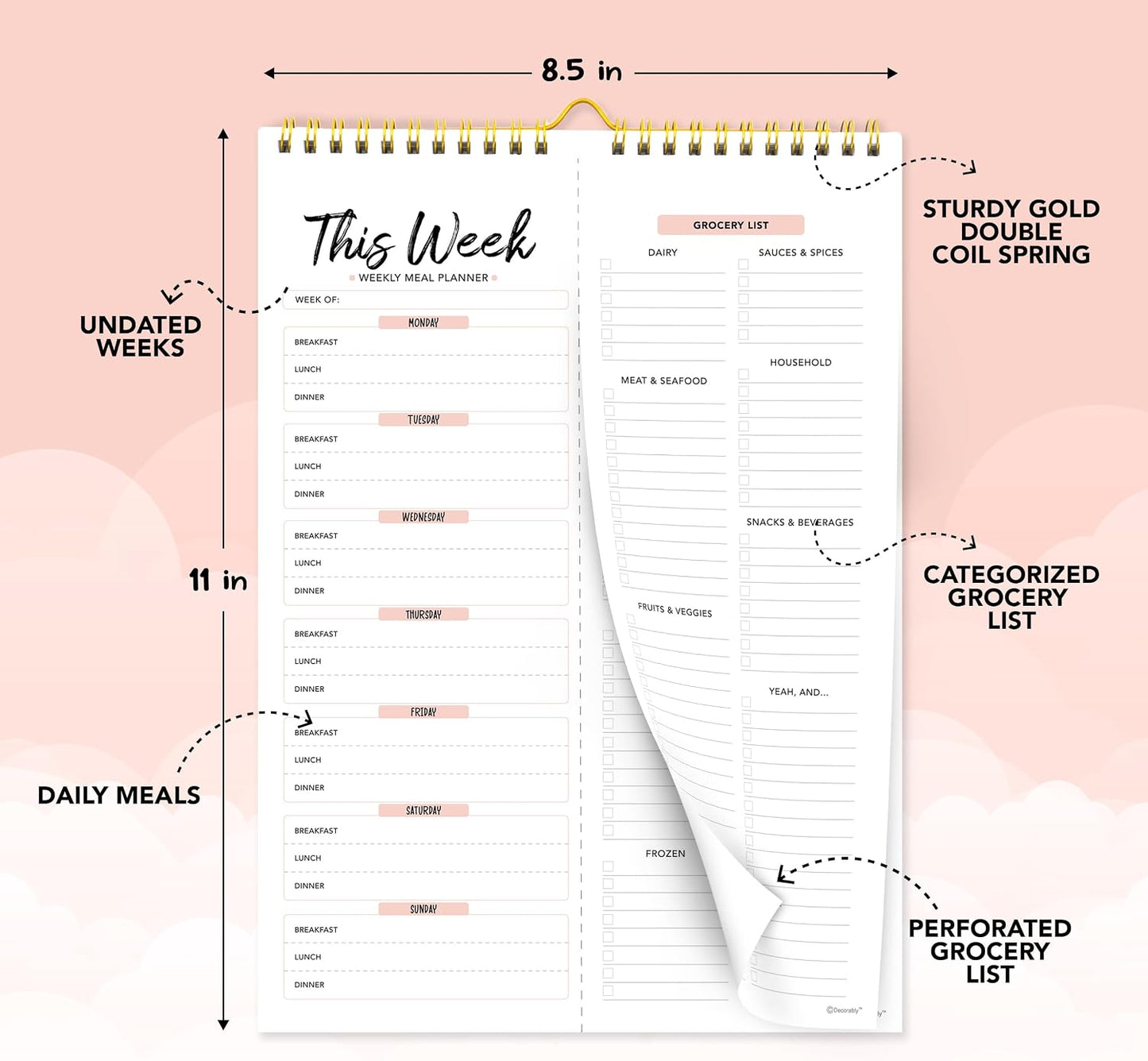 Decorably 52 Sheets Pastel Rainbow Undated Magnetic Weekly Meal Planner | 8.5x11in Grocery List Notepad Meal Planner with 4 Strong Magnets - Spring-Bound, Refrigerator Mountable, Easy Tear-Off Design