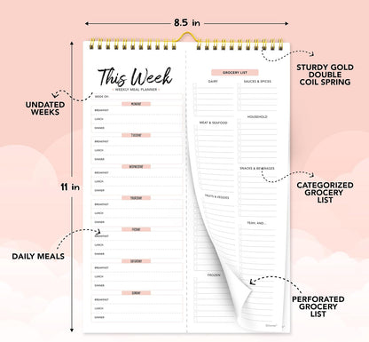 Decorably 52 Sheets Pastel Rainbow Undated Magnetic Weekly Meal Planner | 8.5x11in Grocery List Notepad Meal Planner with 4 Strong Magnets - Spring-Bound, Refrigerator Mountable, Easy Tear-Off Design