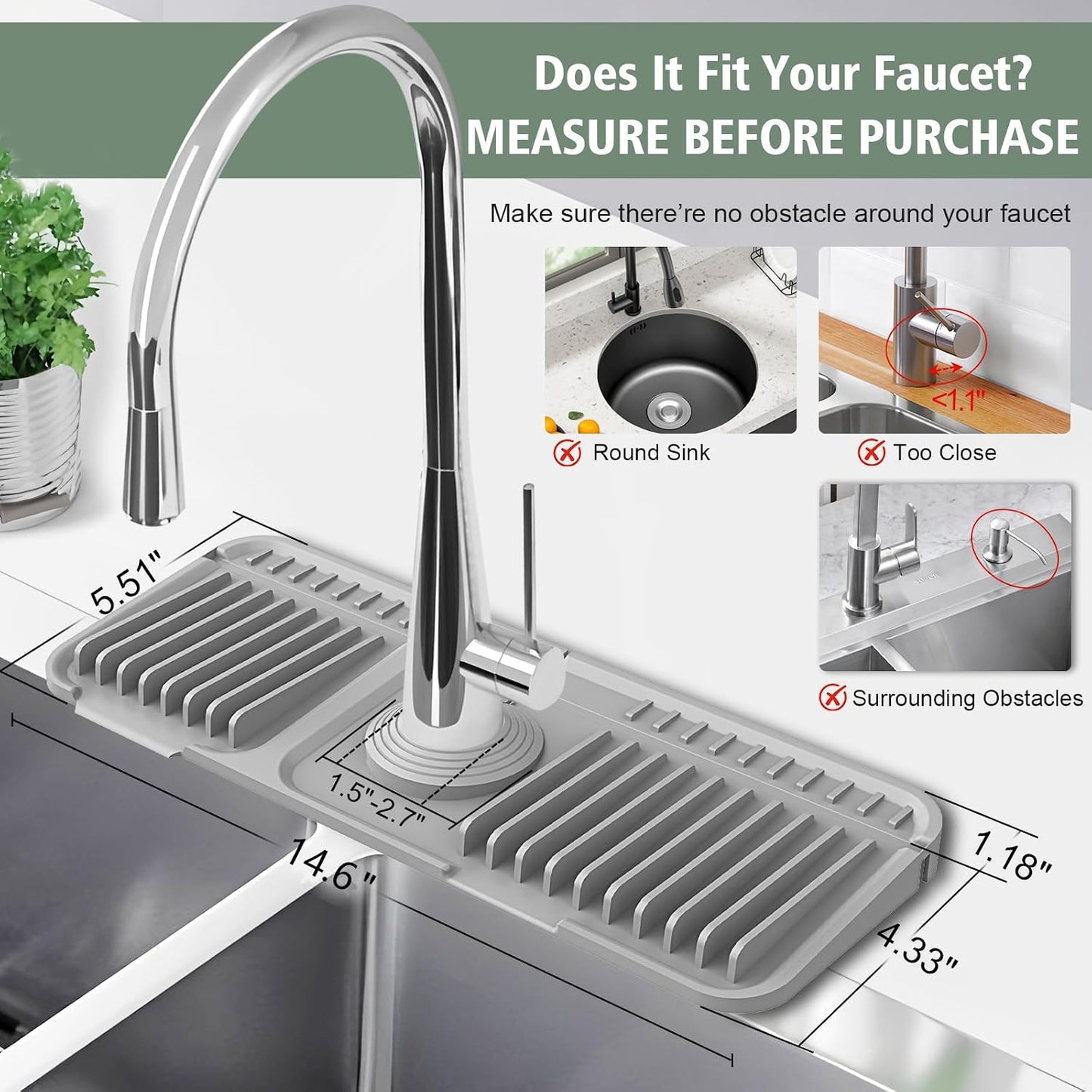 17.7-Inch Kitchen Sink Splash Guard Mat | 7° Slope for Fast Self-Draining | Snap-Lock Design | Universal & Cuttable Silicone Faucet Mat Gray