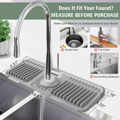 17.7-Inch Kitchen Sink Splash Guard Mat | 7° Slope for Fast Self-Draining | Snap-Lock Design | Universal & Cuttable Silicone Faucet Mat Gray