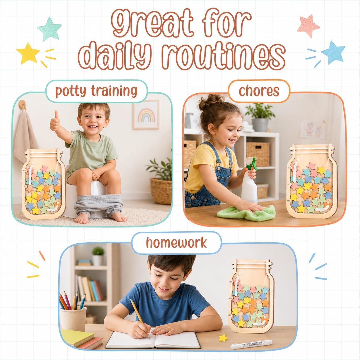Reward Jar Potty Training Chart, Behavior Chart for Kids Classroom Must | Personalized Wooden And Acrylic Reward Jar For Chores, Home, Fridge, School Teacher Supplies, Includes Marker And Stand