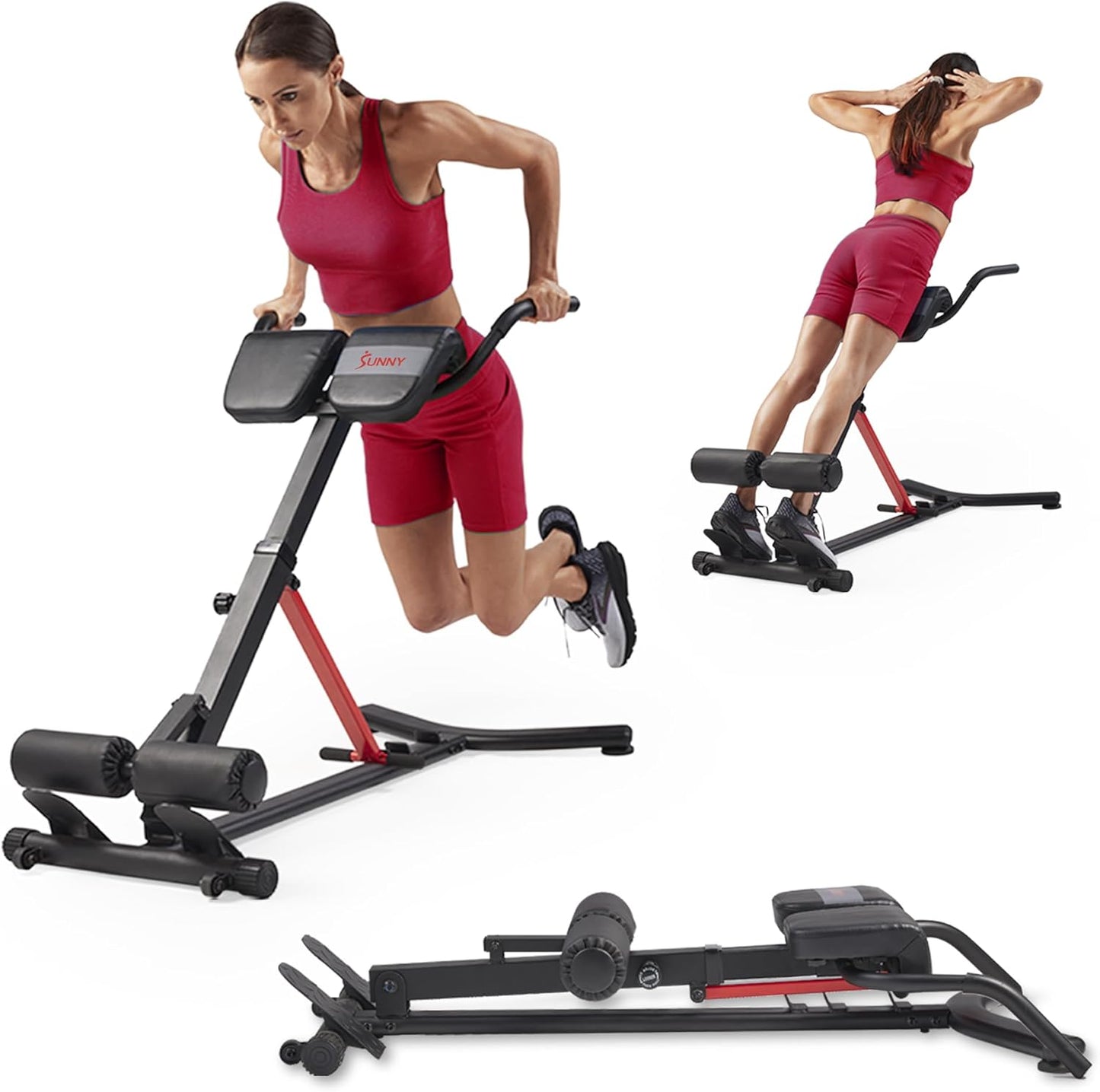 Sunny Health & Fitness Multi-Function Roman Chair | Adjustable Height, Folds Flat for Storage, Built in Dip Station, Targets Back, Abs & Core, Crunches & Back Extensions