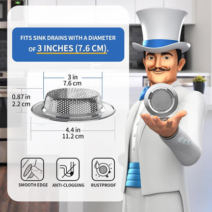 MR.SIGA Kitchen Sink Strainer, Stainless Steel Sink Drain Strainer, 3 Pack | Dishwasher safe sink strainer, outer diameter 4.4 inch/11.2cm, inner diameter 3 inch/7.6cm