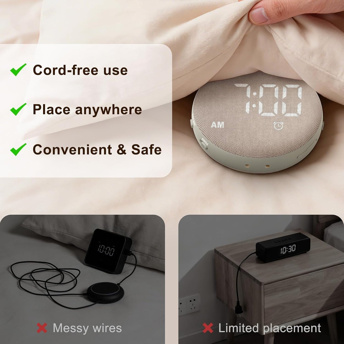 SolaceRise Extra Loud Alarm Clock Vibrating Bed Shaker for Heavy Sleepers | Auto-Dim Digital Clock for Hearing Impaired Deaf - Portable Rechargeable Battery for Bedroom Travel Dorm - Putty