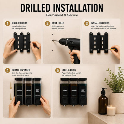 Shampoo and Conditioner Dispenser, Shower Soap Dispenser Wall Mounted, Shower Dispenser 3 Chamber No Drill for Bathroom Large Capacity (Silver)