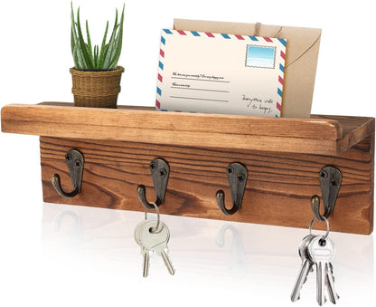 HRONRAD Rustic Key Holder for Wall, Farmhouse Wall Shelf with 4 Hooks, Wall Mounted Key Racks, Wooden Mail Organizer with Hooks for Entryway (Brown - Pine)