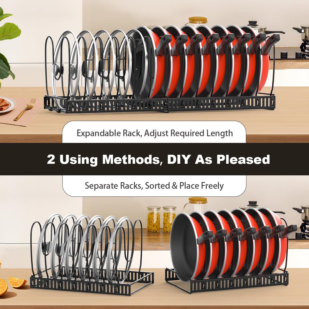 Housolution Pot and Pan Lid Organizer Holder Storage Rack, Black | 12"-23" Expandable, 14 Adjustable Dividers, Sturdy Metal Construction, Easy Assembly