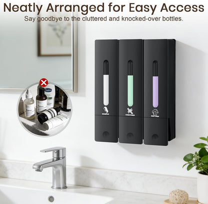 3 Chamber Shampoo and Conditioner Dispenser Set, No Drill Shower Soap | Refillable wall-mounted bottles, BPA-free. 3x400ml. Dispenses shampoo, conditioner,body wash, soap, lotion, gel. Black.