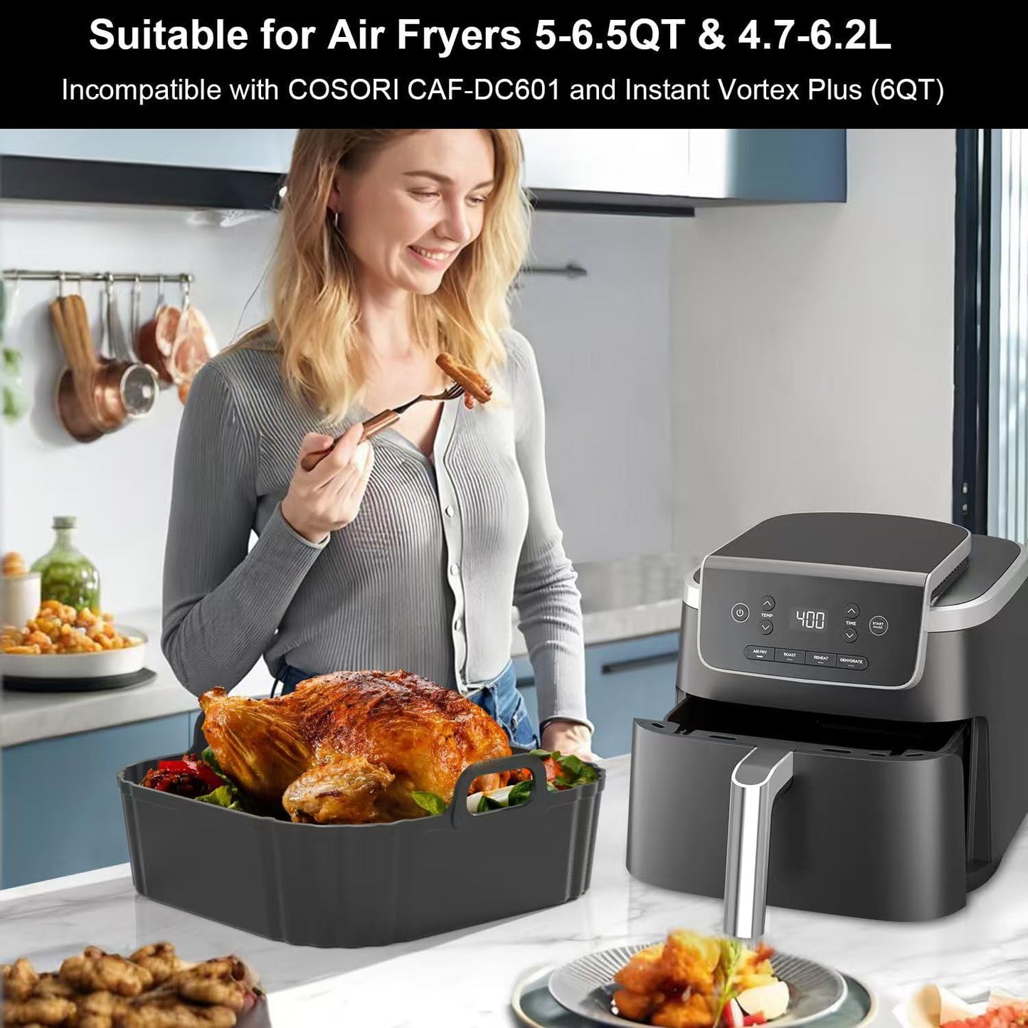 Square Silicone Air Fryer Liners 2 Pack, Compatible with Ninja AF141 181, 8.5 Inch Air Fryer Liners for COSORI 5-6.5 QT, Reusable Silicone Basket, Air Fryer Accessories