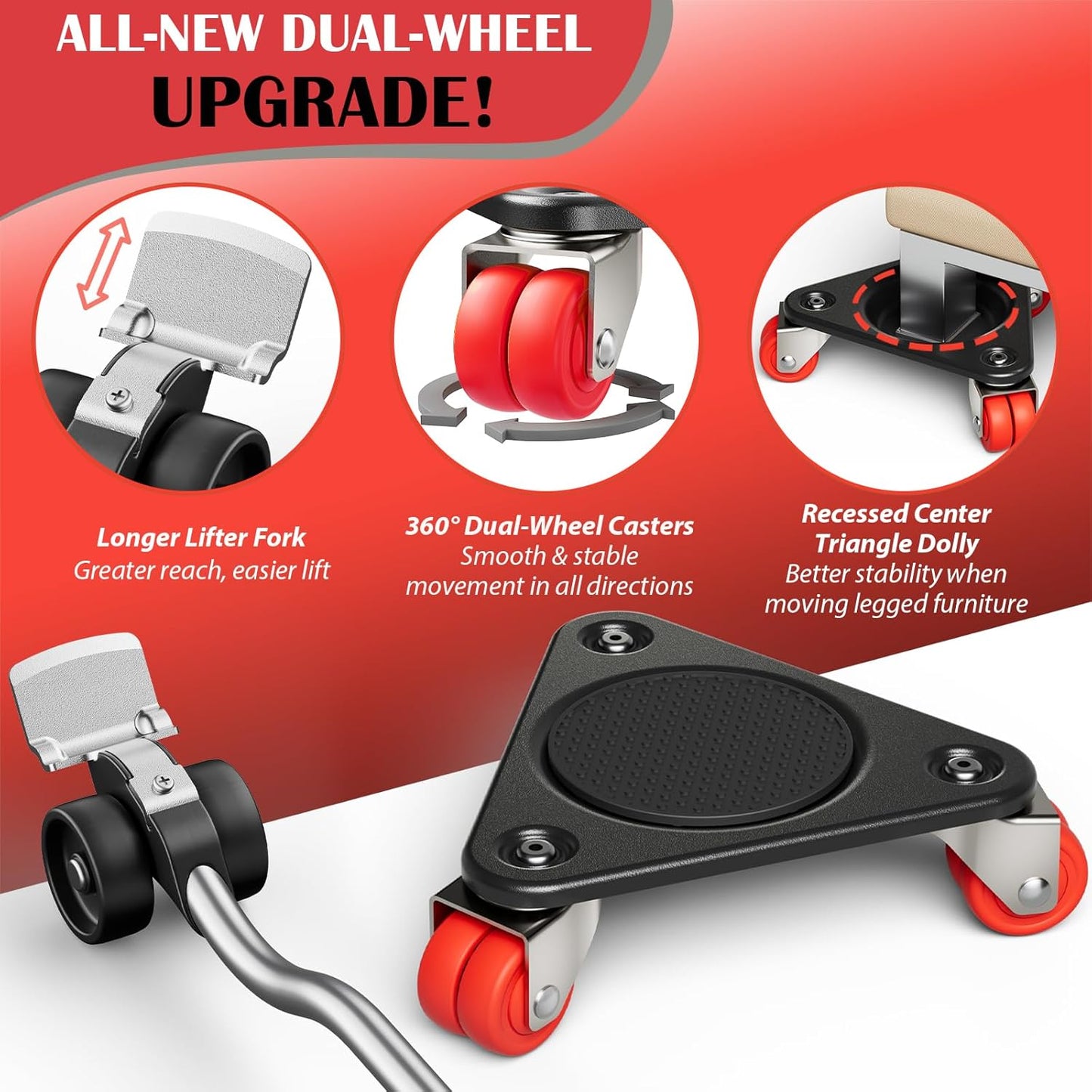Heavy Duty Furniture Movers with 5-Wheel Dollies, Furniture Dolly Set with Lifter & Base, 360° Swivel Casters, Non-Slip Pads, Up to 2000 lbs Load Capacity