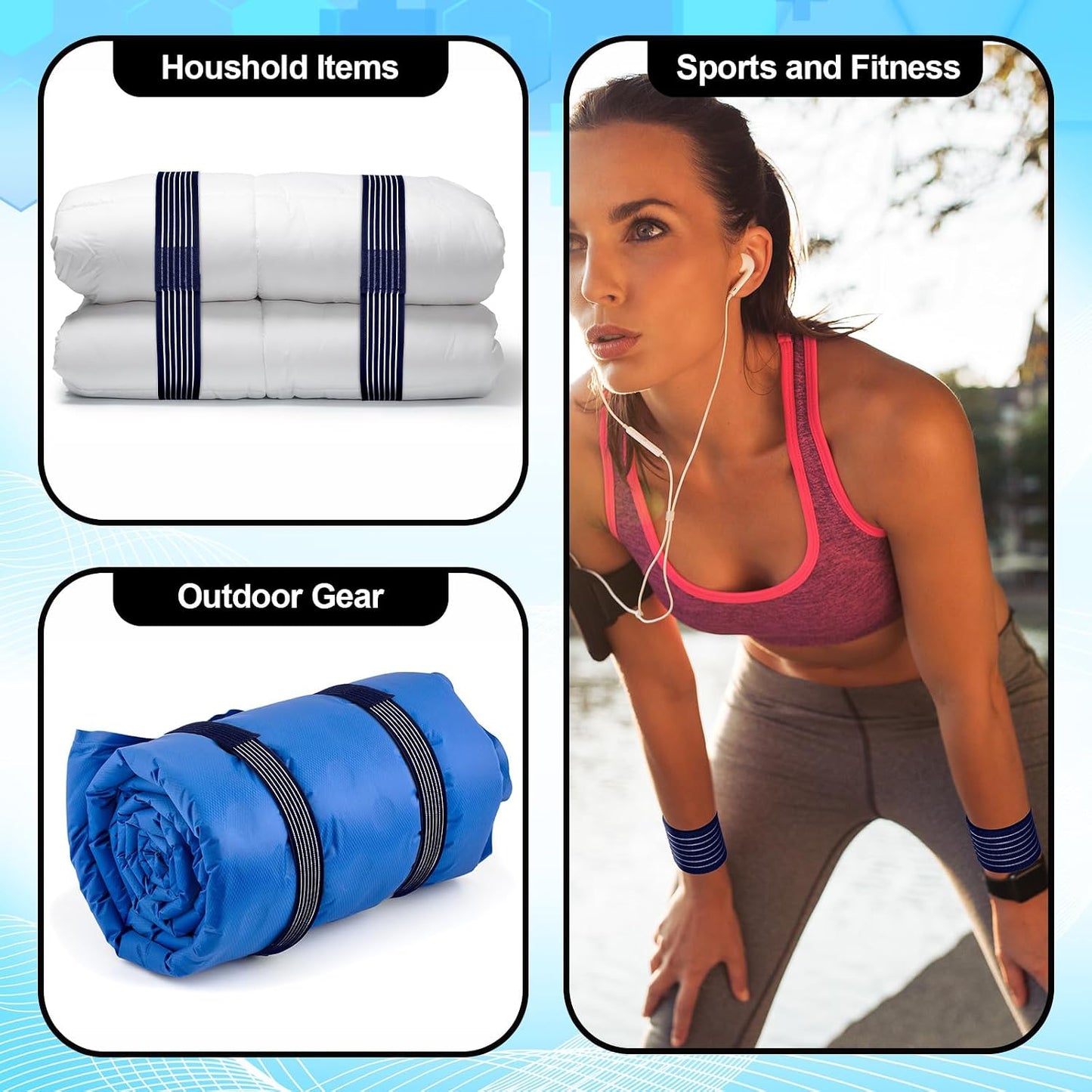 Geiserailie Ice Pack Strap Stretchable, 4 Size Elastic Reusable Ice Belt Extender, Adjustable Hook and Loop Extension Straps Add Length to Most Hot Cold Therapy (4 Pcs,Blue)
