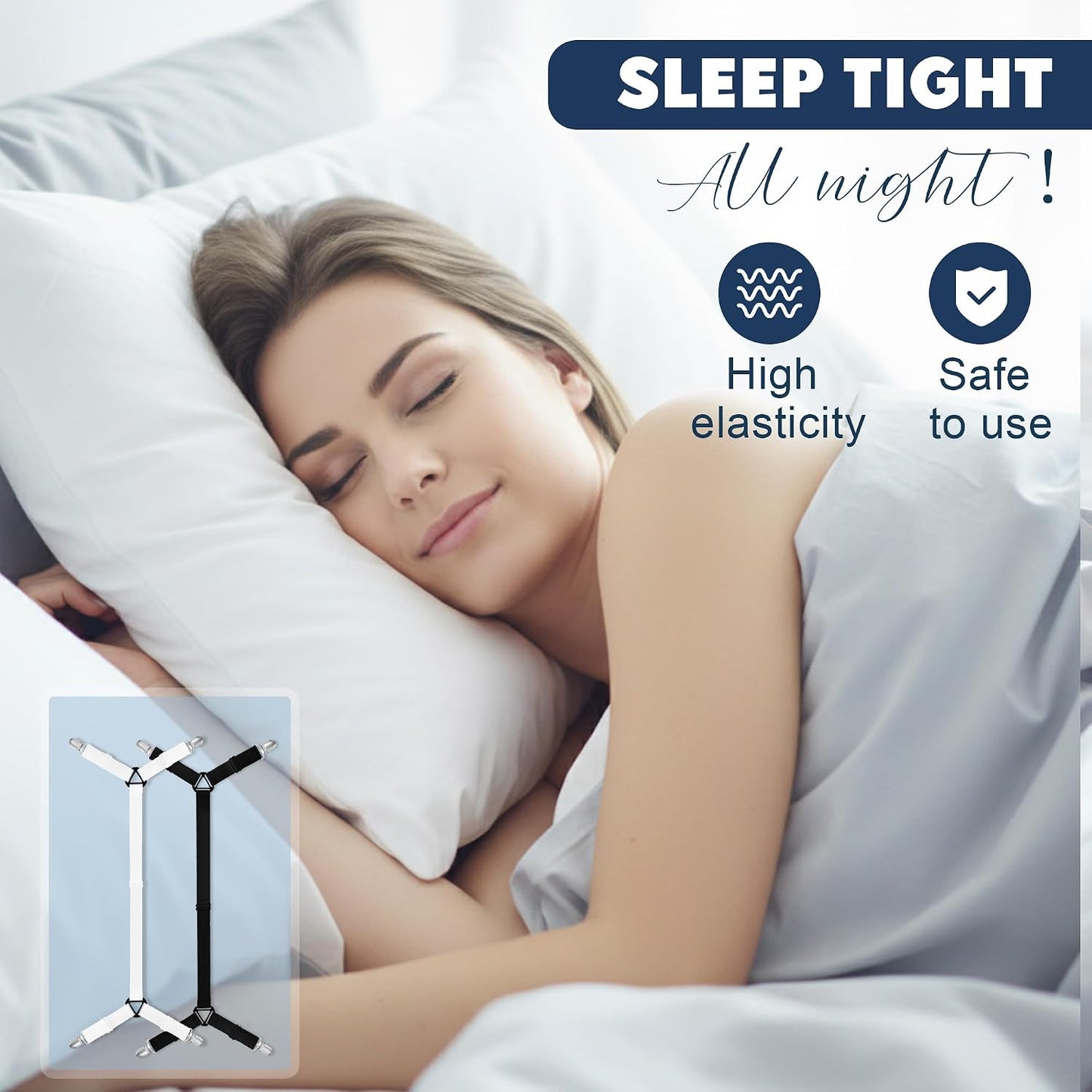 SYIPO 2 PCS Bed Sheet Straps, Adjustable Extended Bed Sheet Fasteners Fitted Sheet Clips, Nonslip Extra Strong Elastic Fasteners with Iron Clips Sheet Holder Straps | Easy Install on Bed Sheets, White