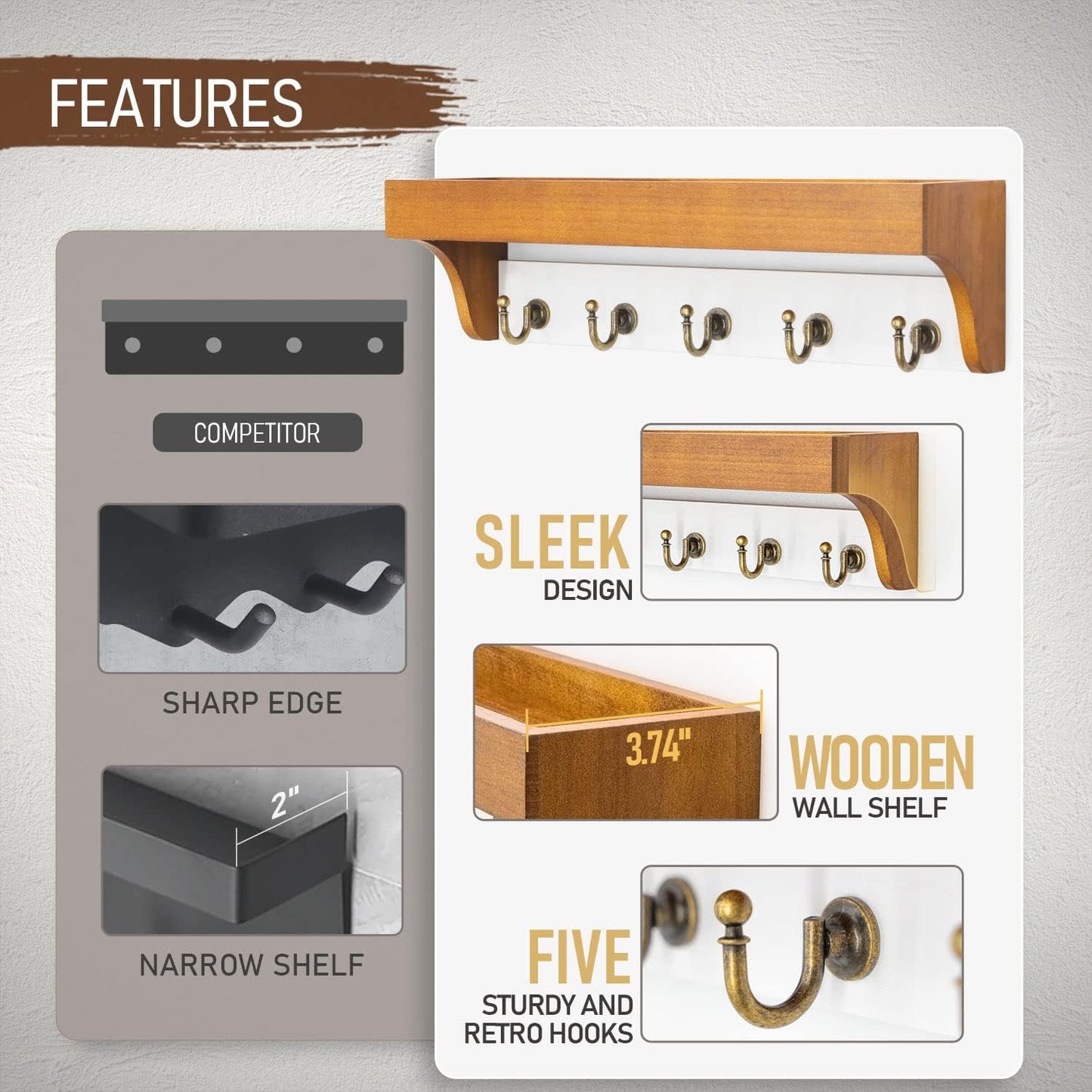 Rebee Vision Key Holder Wall Mount with 5 Hooks for Entryway, Retro Brown | Display Shelf for Plant & Letters, Key Shelf for Hats, Dog Leashes, Mail Organizer, Decorative Entryway & Living Room