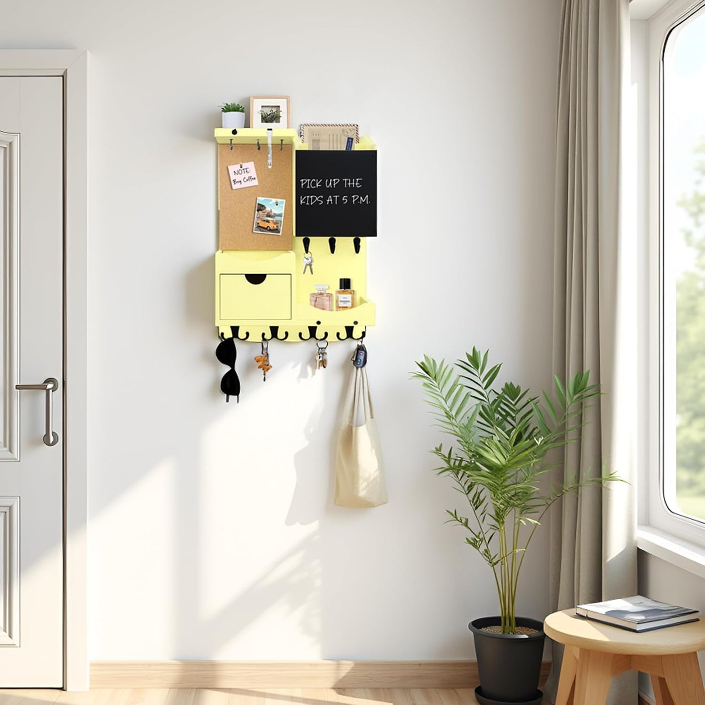 Key Holder for Wall Mount with Shelf and Mail Organizer, Key and Mail Holder with 16 Hooks, Farmhouse Entryway Organizer, Home Decor Rack (Pine Wood, White Washed)