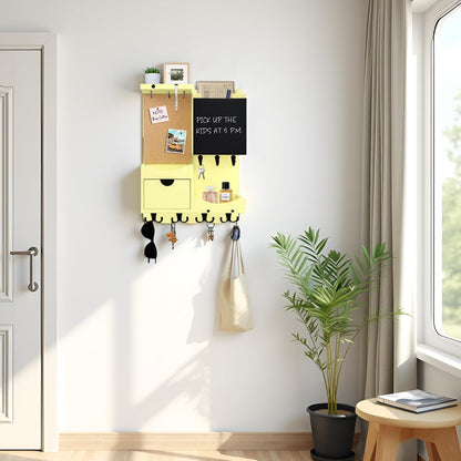 Key Holder for Wall Mount with Shelf and Mail Organizer, Key and Mail Holder with 16 Hooks, Farmhouse Entryway Organizer, Home Decor Rack (Pine Wood, White Washed)