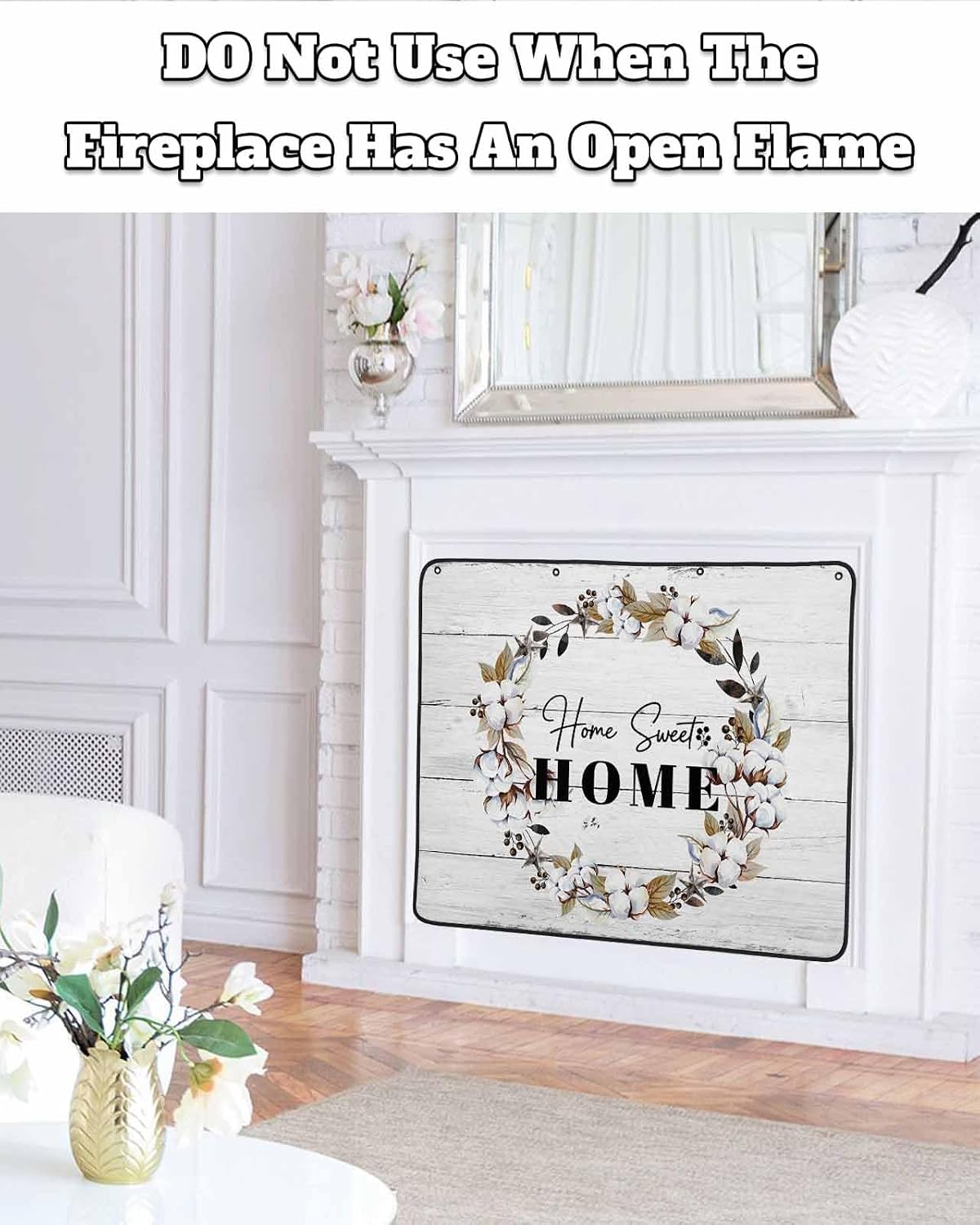 Farmhouse Wreath Magnetic Fireplace Cover,Fireplace Draft Blocker,Sweet Home Rustic Plants Texture Grey Wood Fireplaces Blanket for Heat Loss/Cold Air,Fireplaces Draft Stopper Cover for Inside 36"x30"