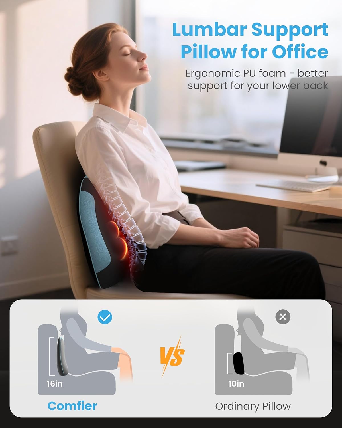COMFIER Lumbar Support Cushion with Kneading Massage, Heat & Vibration, Ergonomic Back Support Pillow for Office Chair, Seat & Sofa Adjustable Comfort, Gray