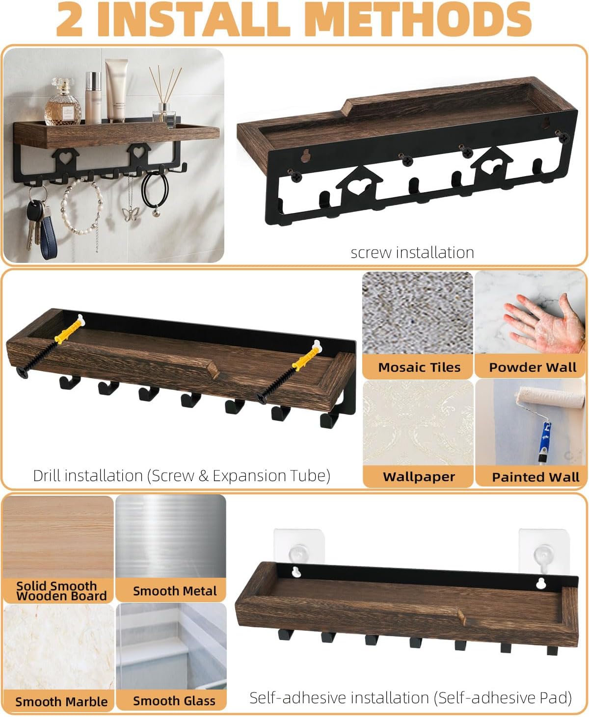 lucdnc Key Holder for Wall Mounted with Tray, 7 Hooks & Wood Shelf | Decorative Entryway Organizer for Mail, Keys, Sunglasses, Wall Mounted, Home Office