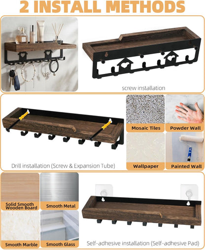 lucdnc Key Holder for Wall Mounted with Tray, 7 Hooks & Wood Shelf | Decorative Entryway Organizer for Mail, Keys, Sunglasses, Wall Mounted, Home Office