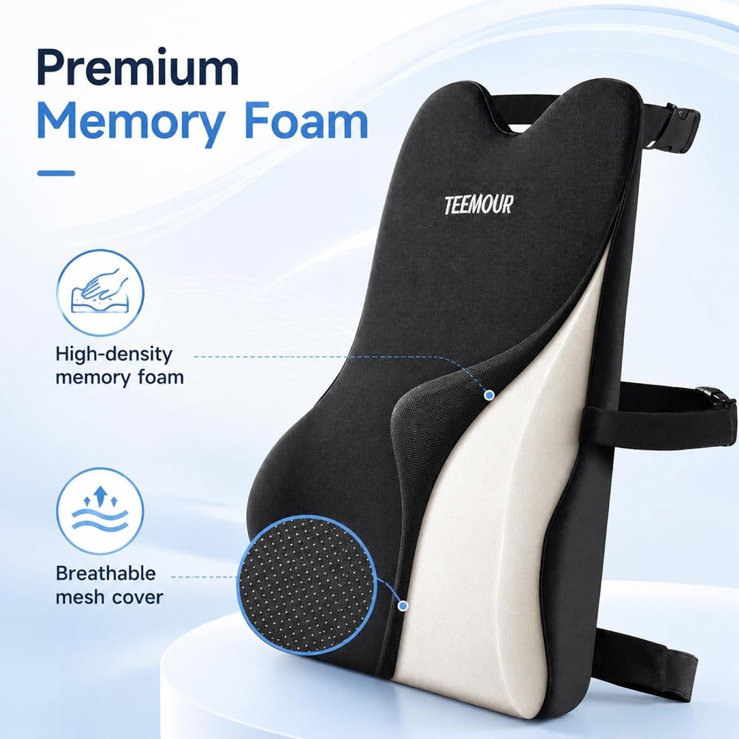Teemour High Back Support Pillow for Office Chair, Fully Support Back Cushion - Memory Foam Lumbar Support Pillow for Office Chair, Desk, Gaming Chair, Promotes Posture Pain Relief Adjustable Straps