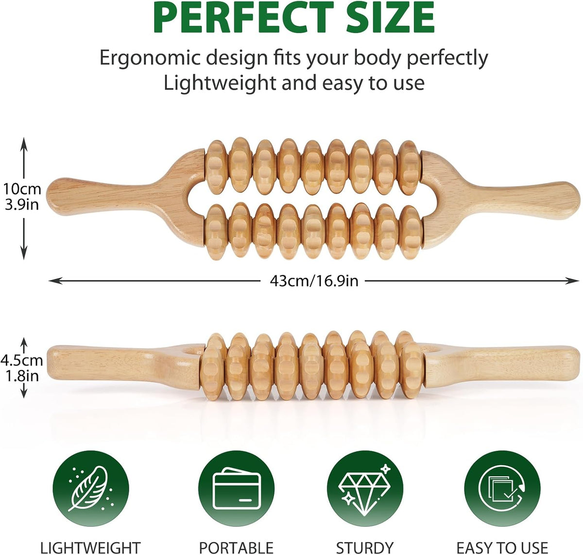 Liitrton Manual Wooden Massage Roller Stick for Muscle Relief, 11-Wheel