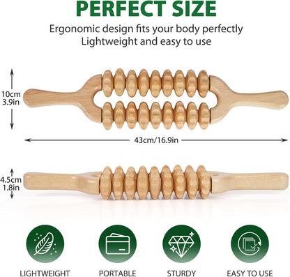 Liitrton Manual Wooden Massage Roller Stick for Muscle Relief, 11-Wheel