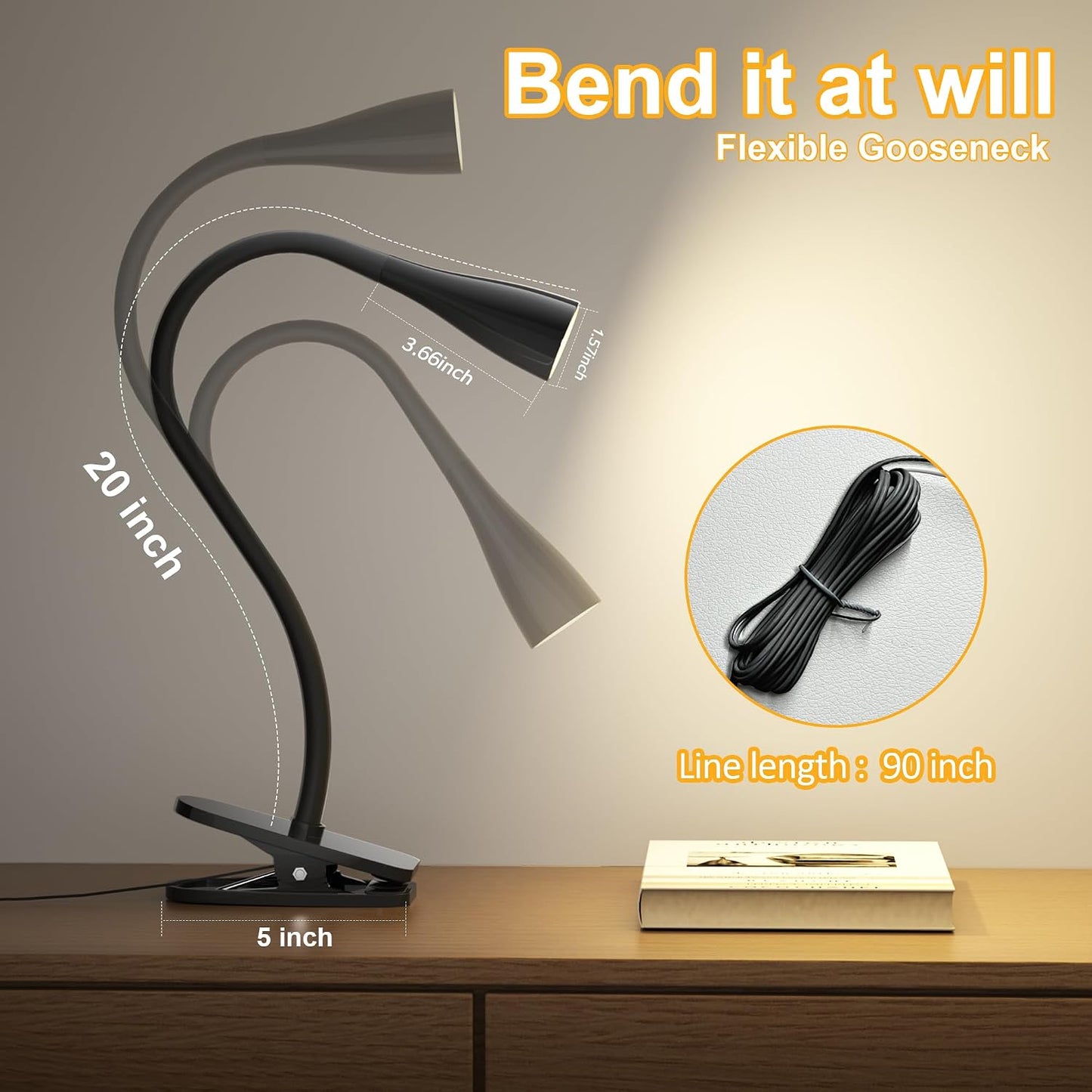 LED Reading Light, Eye-Caring Book Light for Reading in Bed, 360° Flexible Clip on headboard lamp, 5W 3000k Desk Lamp with Clamp for Bedroom, Office, Painting, Workbench and Sewing, White